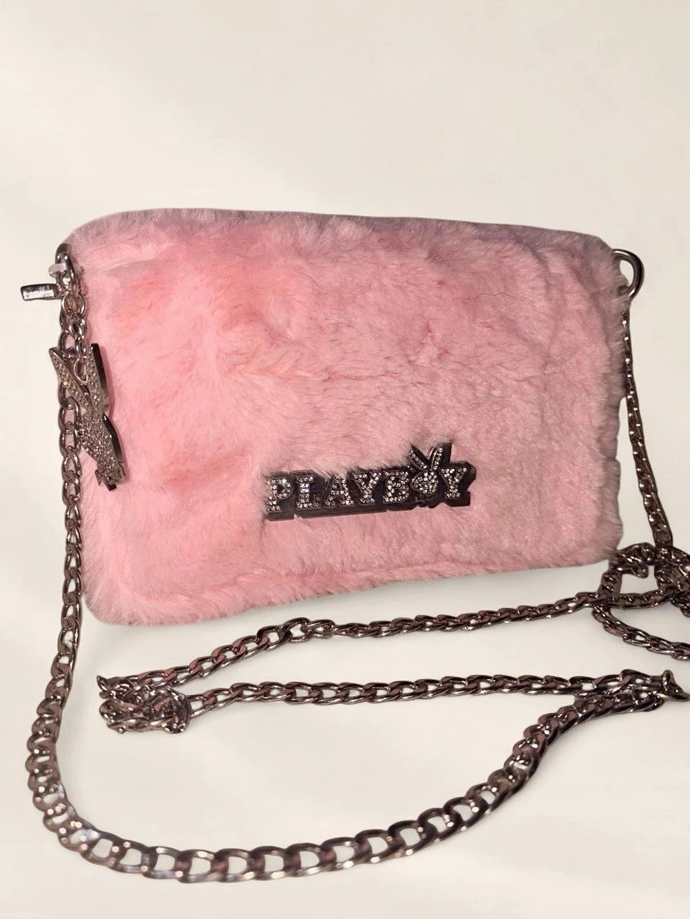 Playboy Pink Faux Fur Rhinestone Crossbody Bag